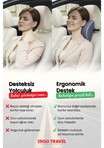 Carfort Büyük Visco Araç Boyun Yastığı – Ortopedik Oto Koltuk Boyun Desteği Gri - Ergo Travel