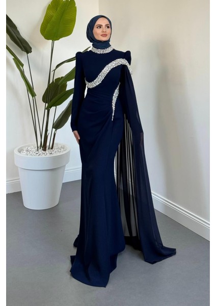 Feriha Yandan Pelerinli Taşlı Özel Tasarım Abiye Lacivert