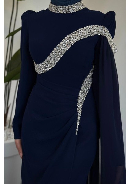 Feriha Yandan Pelerinli Taşlı Özel Tasarım Abiye Lacivert indirimleri