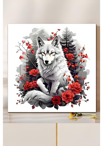 3D Görünümlü Temperli Cam Tablo – Buz Beyaz Kurt ve Kırmızı Güller Uv Baskı 33X33 CM-CTK075