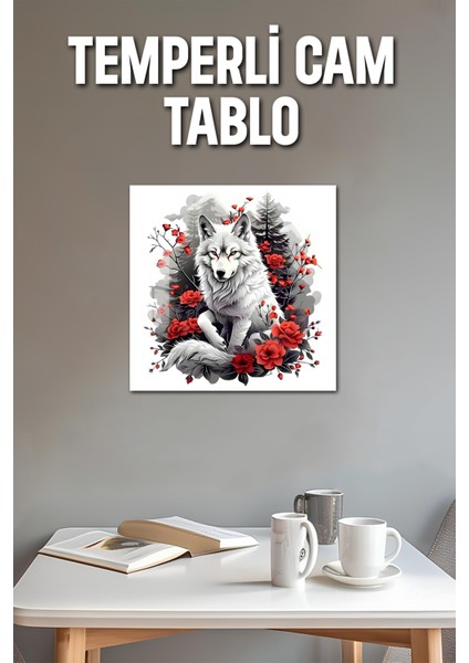 3D Görünümlü Temperli Cam Tablo – Buz Beyaz Kurt ve Kırmızı Güller Uv Baskı 33X33 CM-CTK075