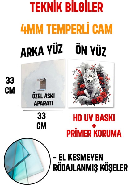 3D Görünümlü Temperli Cam Tablo – Buz Beyaz Kurt ve Kırmızı Güller Uv Baskı 33X33 CM-CTK075