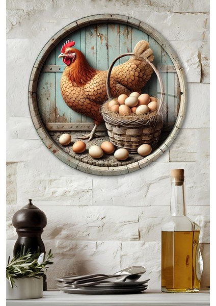3D Görünümlü Temperli Cam Tablo – Tavuk ve Yumurta Sepeti Temalı Duvar Süsü Uv Baskı 33X33 CM-CDS007