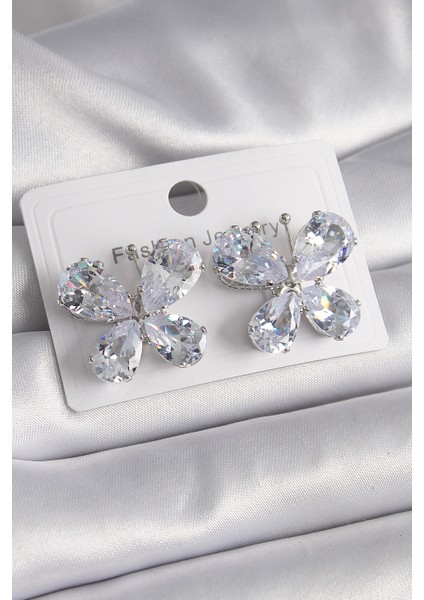 Pirinç Gümüş Renk Zirkon Taşlı Kelebek Model Kadın Küpe - TJ-BKP9613