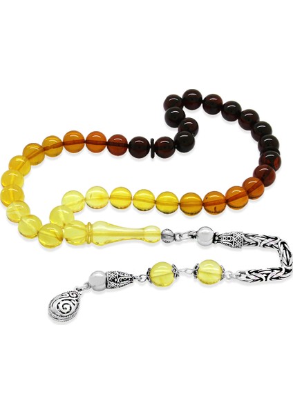 Damla Kehribar Tesbih - 925 Ayar Gümüş Kral Zincirli - Süzme Kırmızı Sarı Renk - Küre Kesim