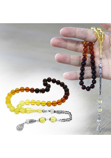 Damla Kehribar Tesbih - 925 Ayar Gümüş Kral Zincirli - Süzme Kırmızı Sarı Renk - Küre Kesim fiyatları