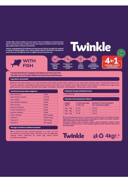 Balıklı Kısırlaştırılmış Kedi Maması 4kg 4x1 Sindirim ve Tüy Sağlığı Destekli Mama fiyatları