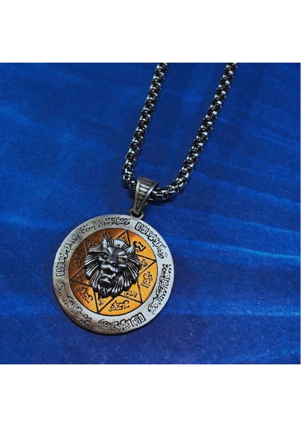 Aslan Figürlü Hz.süleyman Mührü El Işçiliği 925 Ayar Gümüş Erkek Kolye