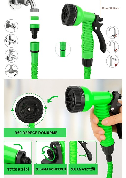 Uzayan Balkon Bahçe Araba Yıkama Püskürtme Hortumu 7.5 M Rakorlu Musluklara Uygun modelleri