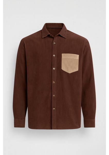 Cep Detaylı Fitilli Kadife Gömlek - Koyu Kahve
