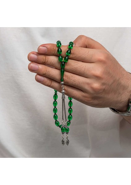 Gümüş Püsküllü Sıkma Kehribar Tesbih