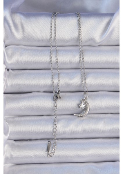 316L Çelik Zincir Gümüş Renk Zirkon Taşlı Sallantılı Ay Yıldız Kolye fiyatları