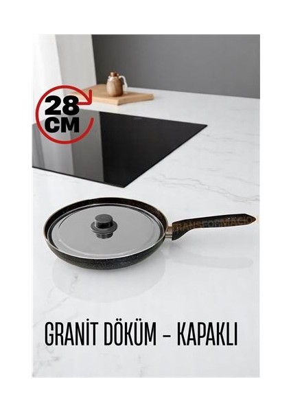Granit Döküm Tava Paslanmaz Çelik Kapaklı -Yapışmaz Taban 28 Cm
