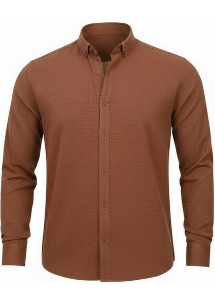 Yumuşak Dokulu Yarım Oversize Erkek Gömlek - Kahve indirimleri
