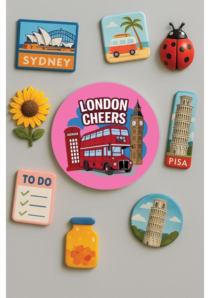 Modern ve Dekoratif Yuvarlak Buzdolabı Magneti Magnet Büyük Boy 10X10 cm - Londra
