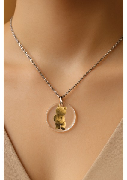 Şeffaf Sert Akrilik Kolye Ucu ve Üzeri Zincirli Desenli Kolye Popi Teddybear