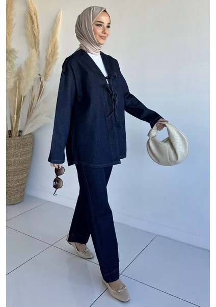 Tesettür Ön Bağlamalı Ceket Pantolon Jean Kot Ikili Takım P-00018994