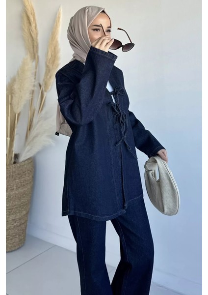 Tesettür Ön Bağlamalı Ceket Pantolon Jean Kot Ikili Takım P-00018994 modelleri