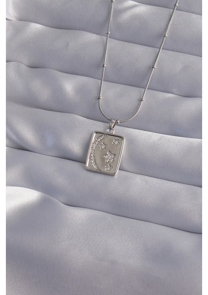 Bfs 316L Çelik Zincir Gümüş Renk Zirkon Taşlı Ay Yıldız Figürlü Tarot Kolye