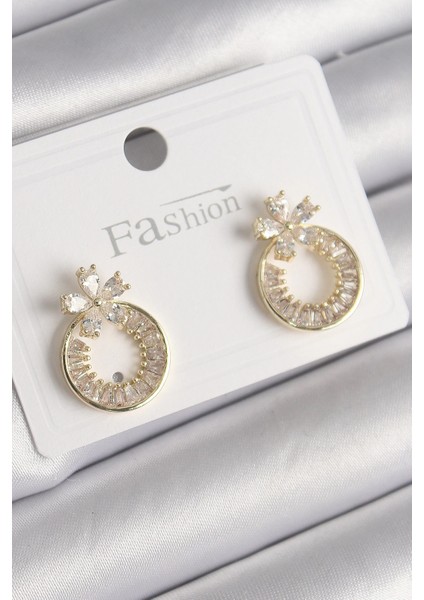 Bfs Pirinç Gold Renk Zirkon Taşlı Halka Model Çiçek Figür Kadın Küpe