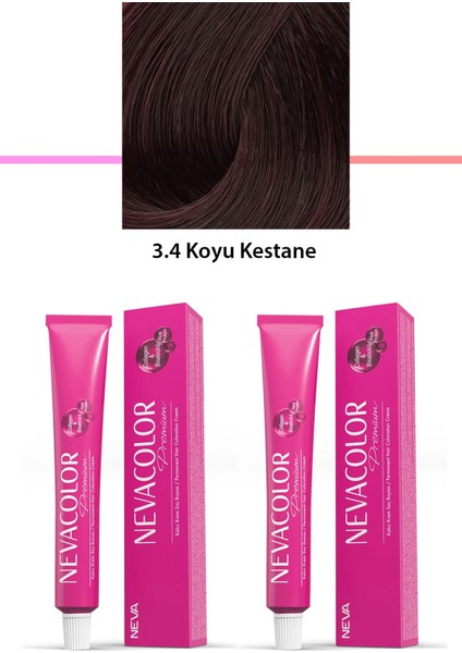 2 Li Set Premium 3.4 Koyu Kestane - Kalıcı Krem Saç Boyası 2 x 50 G Tüp