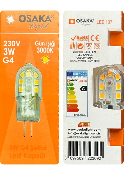 (3 adet) OSAKA 3W Sarı Işık (3000K) G4 Duylu LED Kapsül Ampul modelleri