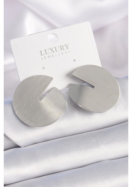 Bfs Pirinç Gümüş Renk Daire Plaka Model Kadın Küpe