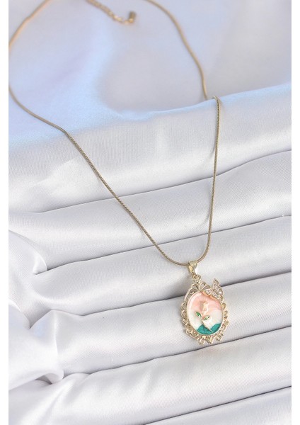 Bfs 316L Çelik Gold Renk Zincir Mix Renk Çiçek Işlemeli Zirkon Taş Detaylı Portre Model Kadın Kolye fiyatları