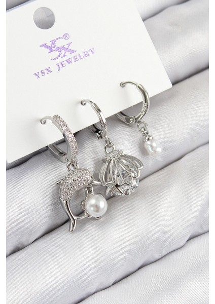 Bfs Pirinç Zirkon Taşlı 3'lü Yunus Balığı ve Istiridye Model Gümüş Renk Kadın Küpe