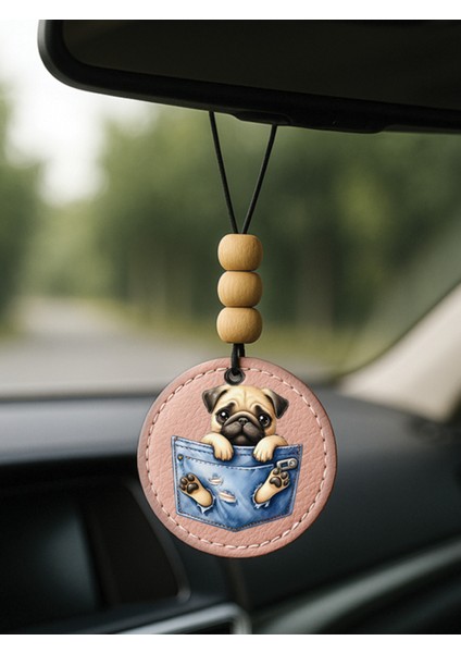 Tasarım Deri Süslemeli Desenli Tematik Dikiz Araç Aynası Süsü Açık Pembe - My Dog Ride