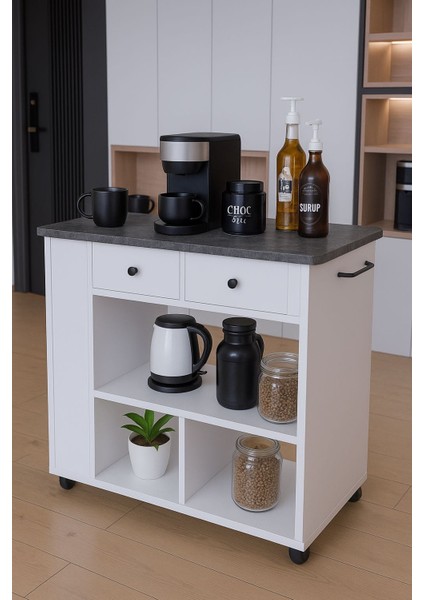 Tekerlekli Raflı Kahve Köşesi Dolabı – Oval Kenarlı, Çekmeceli, Mikrodalga ve Tost Makinesi Uyumlu, Modern Beyaz Tasarım modelleri