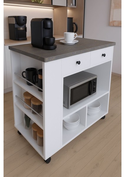 Tekerlekli Raflı Kahve Köşesi Dolabı – Oval Kenarlı, Çekmeceli, Mikrodalga ve Tost Makinesi Uyumlu, Modern Beyaz Tasarım fırsatları