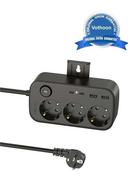 Akım Korumalı Priz 2 USB + 2 Type-C Girişli 2 Metre Kablosu Anahtarlı ve Duvara Monte Edilebilir ( Lisinya )