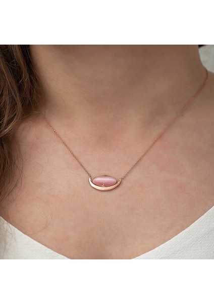 Gümüş Pembe Kedi Gözü Taşlı Hilal Kolye modelleri