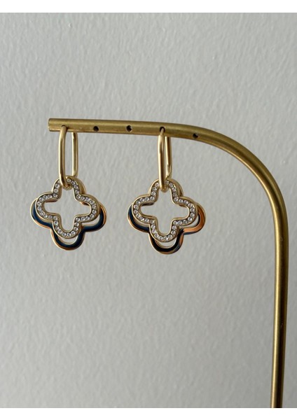 Yonca Model Zirkon Taşlı Sallantılı Gold Çelik Vip Küpe modelleri