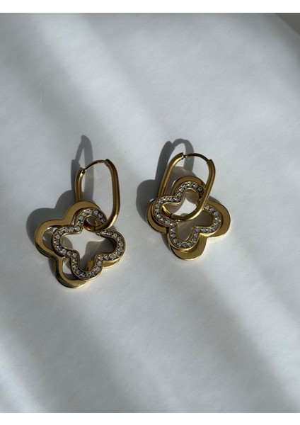 Yonca Model Zirkon Taşlı Sallantılı Gold Çelik Vip Küpe fırsatları