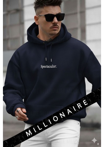 Erkek Lacivert Spectacular Kapüşonlu Oversize 3 Iplik Kanguru Cep Şardonlu Salaş Hoodie Sweatshirt