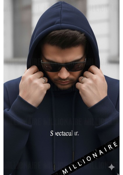 Erkek Lacivert Spectacular Kapüşonlu Oversize 3 Iplik Kanguru Cep Şardonlu Salaş Hoodie Sweatshirt fiyatları