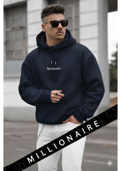 Erkek Lacivert Spectacular Kapüşonlu Oversize 3 Iplik Kanguru Cep Şardonlu Salaş Hoodie Sweatshirt modelleri