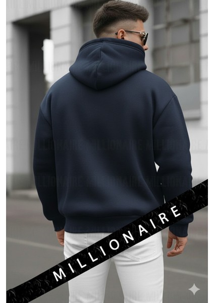 Erkek Lacivert Spectacular Kapüşonlu Oversize 3 Iplik Kanguru Cep Şardonlu Salaş Hoodie Sweatshirt fırsatları