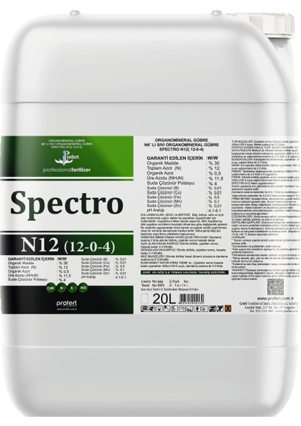 Spectro N12 12-0-4 + Me – Azot ve Organik Madde Içerikli Sıvı Gübre – Yüksek Etki ve Hızlı Emilim – 20 Lt
