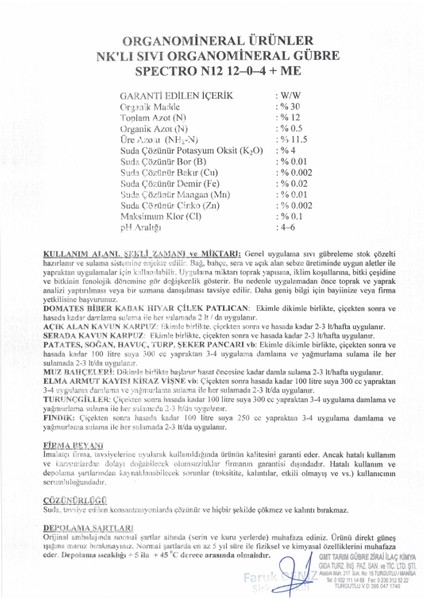 Spectro N12 12-0-4 + Me – Azot ve Organik Madde Içerikli Sıvı Gübre – Yüksek Etki ve Hızlı Emilim – 20 Lt fiyatları