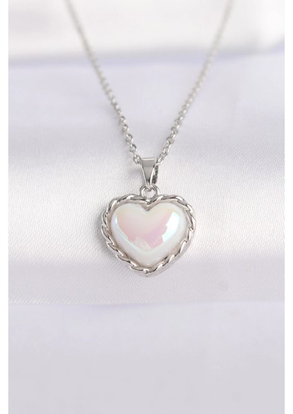 Bfs 316L Çelik Zincir Gümüş Renk Beyaz Taşlı Bombeli Kalp Kolye