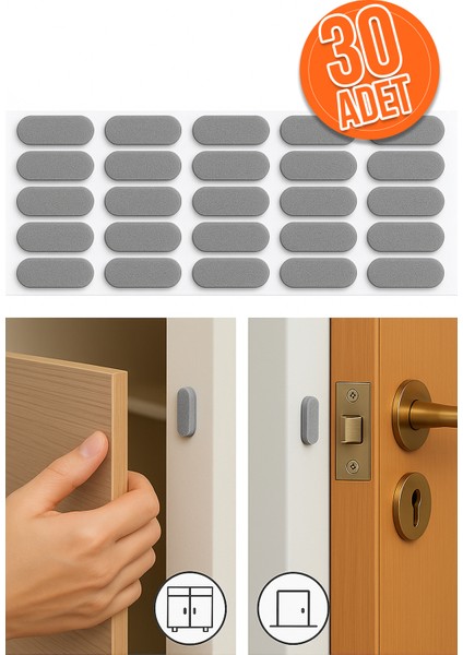 30'lu Yapışkanlı Gri Eva Dolap Çekmece Kapağı Ses Stoperi Tamponu Koruyucu Engelleyici 22 mm Oval