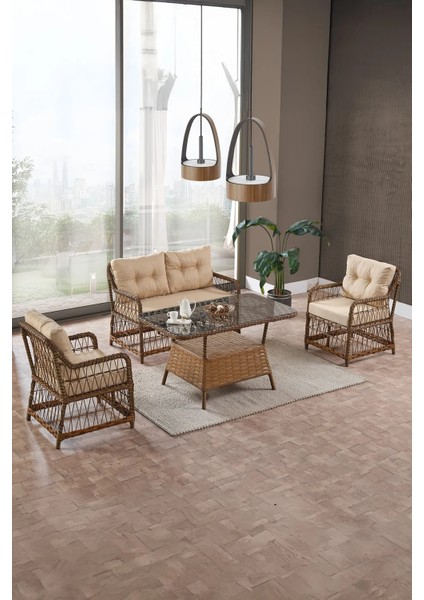 Rattan Breda Bahçe Mobilyası 2+1+1+Camlı Masa -- 2 Tane Puf Hediye