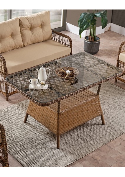 Rattan Breda Bahçe Mobilyası 2+1+1+Camlı Masa -- 2 Tane Puf Hediye