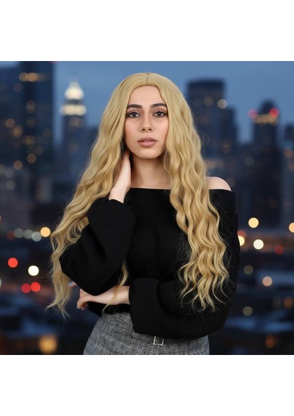Fiber Sentetik Uzun Su Dalgası Peruk / Sarı