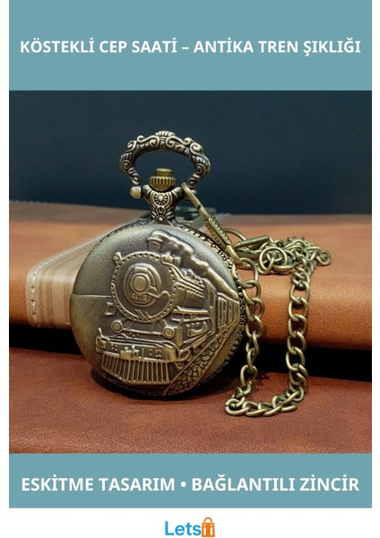 Antika Tren Tasarımlı Eskitme Köstekli Cep Saati