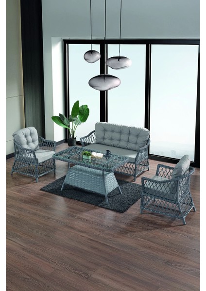 Rattan Icon Bahçe Mobilyası 2+1+1+Camlı Masa