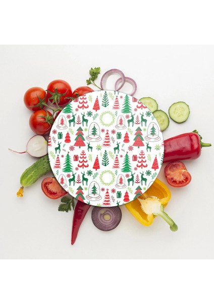 Cam Kesme Tahtası ve Sunumluk Yuvarlak Karışık Yılbaşı Desenli 30X30 cm modelleri